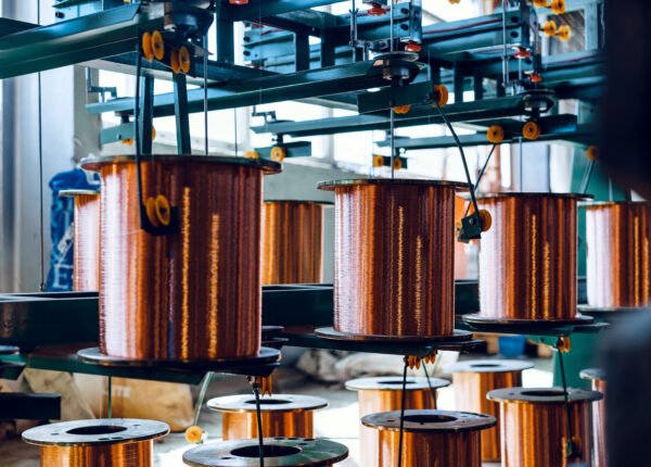 Production of copper wire, cable in reels at factory. Cable factory.