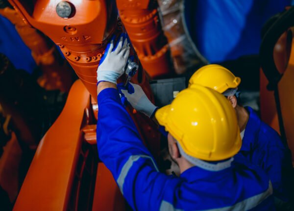 Professional maintenance worker with machine robotic arms at industrial factory